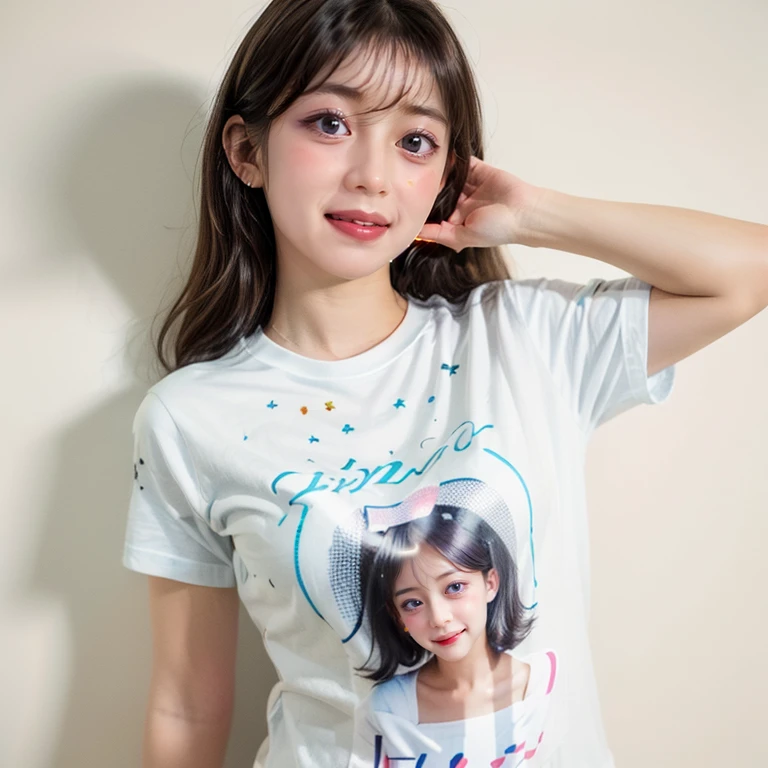 Bright Red in White, (Masterpiece 8K TopQuality:1.2) (ProfessionalPhoto:1.37) PUNIPUNI ExtremelyDetailed (((a KAWAII girl in "Super Bitch" T-shirt:1.4))) (Lying on back from DirectlyAbove) glowing body