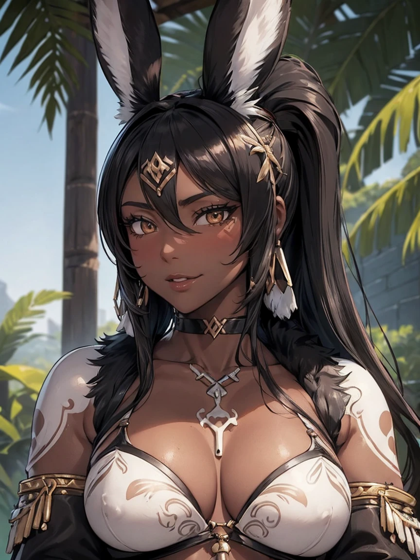(masterpiece), best quality, highly detailed faces, (SHARP details), 4k, highly detailed, expressive eyes, SHARP detail expressive eyes, (SHARP detail perfect face), ((dark skin)), (bunny ears), (viera), ((black hair)), (choker) amber eyes, ponytail, wild tomboy hair, smiling, (wearing tribal outfit), 20 years old, cleavage, ((solo)), nice hips, curvy, tall woman, (large breasts), ((bone accessories)), tribal, tattoos, ((white tribal marks on body)), bone accessory, loincloth, piercings, (white marks on skin), (tribal marks), earrings on bunny ears, amazon, fur clothes, (fur skirt), (bone armor), ((amazon matriarch)), sfw, ((wearing amazon armor)), loincloth,