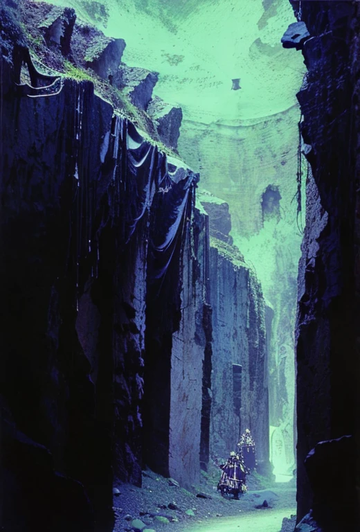 Dark trail between two rocky cliffs, It has on its two walls rows of mega skeletal rock statues of dark monks in cassocks