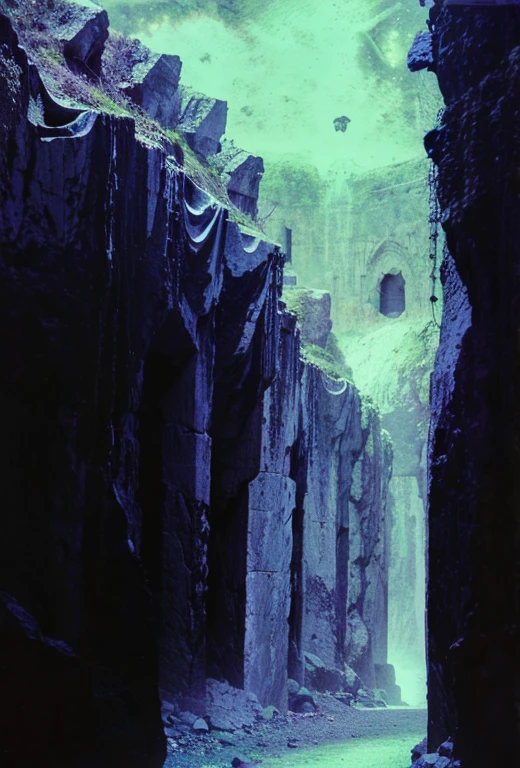 Dark trail between two rocky cliffs, It has on its two walls rows of mega skeletal rock statues of dark monks in cassocks