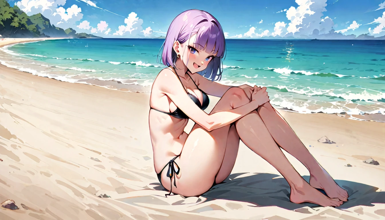 (masterpiece, best quality:1.2), full body, solo, Android 18 from Dragon Ball, 20s, ((string bikini, black bikini)), sitting, medium breasts, blunt bangs, short purple hair, (black eyes), earrings on earlobes, slim, skinny body, blush, sky, magnificent view, blur background, 4K, open mouth, beach, side-tie bikini bottom, smile, (Sandy Beach), barefoot, knees up, beautiful butt, (front view,) (hugging own legs), (crossed arms), side boob, cleavage, front side,