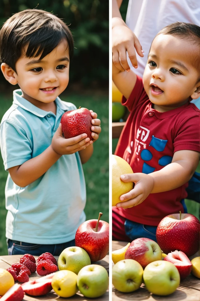 a 3 year old boy, playing to associate the real fruits with the fruits in the photos