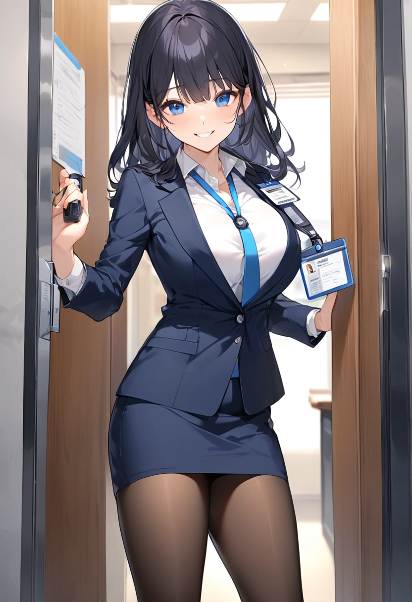 (Highest qualityのイラスト:1.2), (Black Hairの美少女:1.1), (1 girl、17 years old、Highest qualityのイラスト:1.2), (1 girl、Kind eyes、blue eyes:1.2)、((Black Hair:1.2))、Semi-long hair、(Highest quality、Very detailed、cute、Ultra-high resolution) 、Larger breasts、office lady, {Navy blue business suit、white business shirt, Navy blue pencil skirt、 pantyhose}, office、Front facing、smile、ID card hanging around neck
