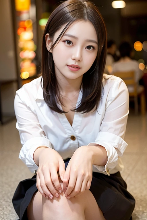(A beautiful Korean actress, age 22, wearing formal White shirt with buttons & grey mini-skirt, relaxing in night market, thoughtful expressions, kind smile, dimpled chins, cute snaggle-tooth, short bob hair ponytail, symmetrical face, realistic detailed face, beautiful detailed eyes, perfect body proportions, ample round bosoms, photorealistic, hyper-realism, high contrast, ultra HD, realistic skin textures, top image quality, top-quality, super high resolution, fine details, very meticulously, masterpiece, head to knees, High Angle Shot, bokeh background)