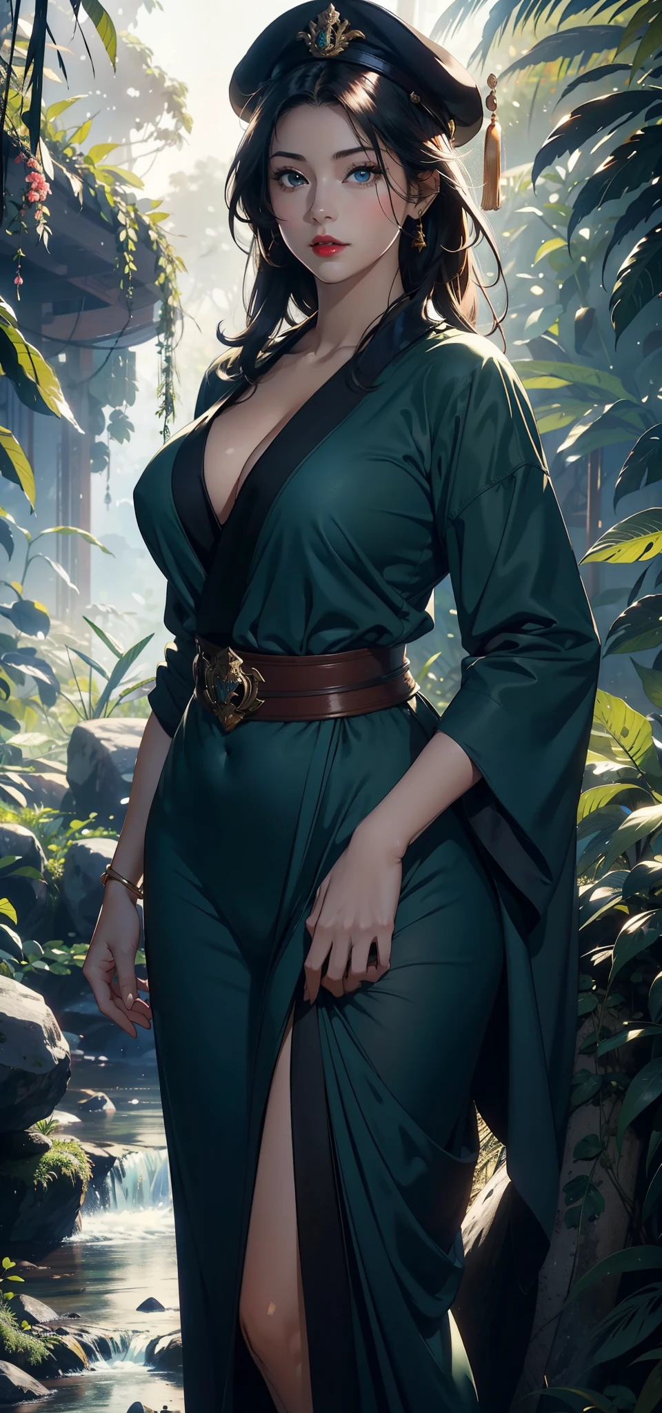 1 female，45 years old，Married women，short hair，Big breasts and thin waist， Photo exposure Light， （background：，Rainforest，The plants are dense） Black Hair，Red lips，Standing outdoors in the forest，Front view， Long hair，Straight Hair， （（（masterpiece），（Highly detailed CG Unity 8k wallpaper），best quality，Light，Detailed background，beautiful eyes，（Very refined），（The eyes are beautifully and meticulously depicted），Extremely detailed，masterpiece，）），Facing the camera，high resolution，Extremely detailed），nude，The exposed chest is a bit fat， Camel toe，Soldier，Japanese Navy，（wear：blue military cap，nude，Green military uniform，Epaulettes）