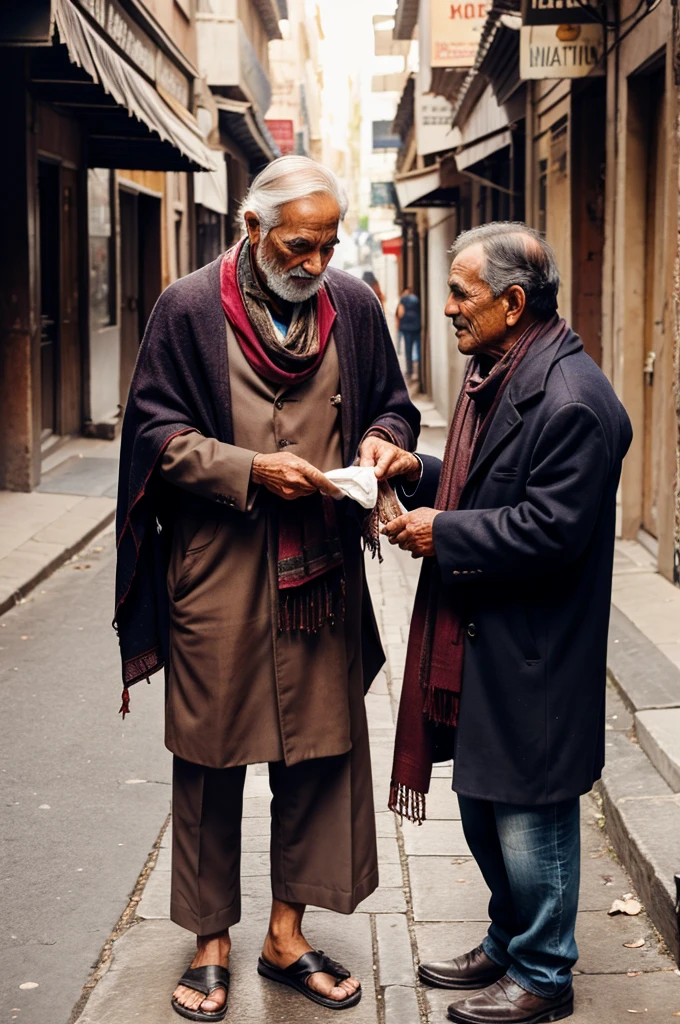 A rich man giving shawl to an old begger on street