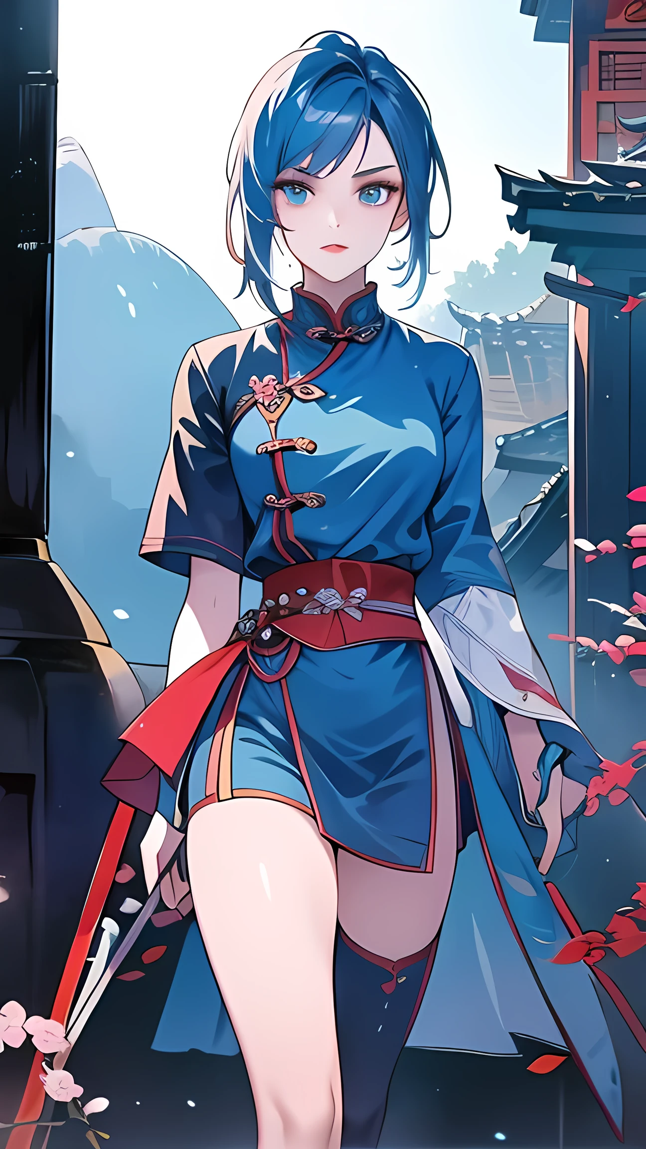Masterpiece, Best quality, 1 Ji Ruxue, the expression is cold, strong, blue eyes, short hair, wolfcut hairstyle, smoky mix blue color hair, resolute eyes, red lips, simple Taoist Taoist uniform, Chinese mix morden, frontal photo, black or white background, simple background, anime, illustration, Chinese style short-sleeved shirt, cool girl, Fullbody