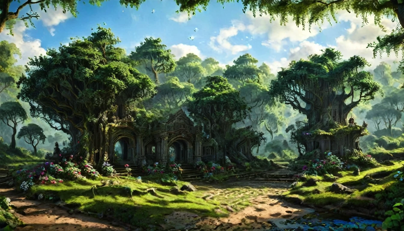 Tabletop role-playing game map, villages, surrounded by dense and mysterious forest, With high quality, incredible details and breathtaking atmosphere. Add eye-catching lighting and shadows, To enhance the immersion in the scene.. The road leads to the village