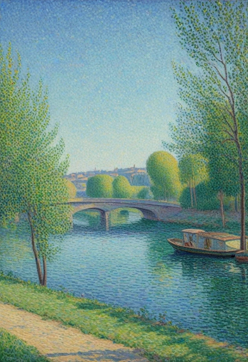 painting of a river scene with a bridge and a boat, by Paul Signac, inspired by Paul Signac, a pointillism painting, neo - impressionism, by Maximilien Luce, pointillisme, by Albert Dubois-Pillet, post impressionism, pointillism, by Armand Guillaumin, post - impressionism, post-impressionism