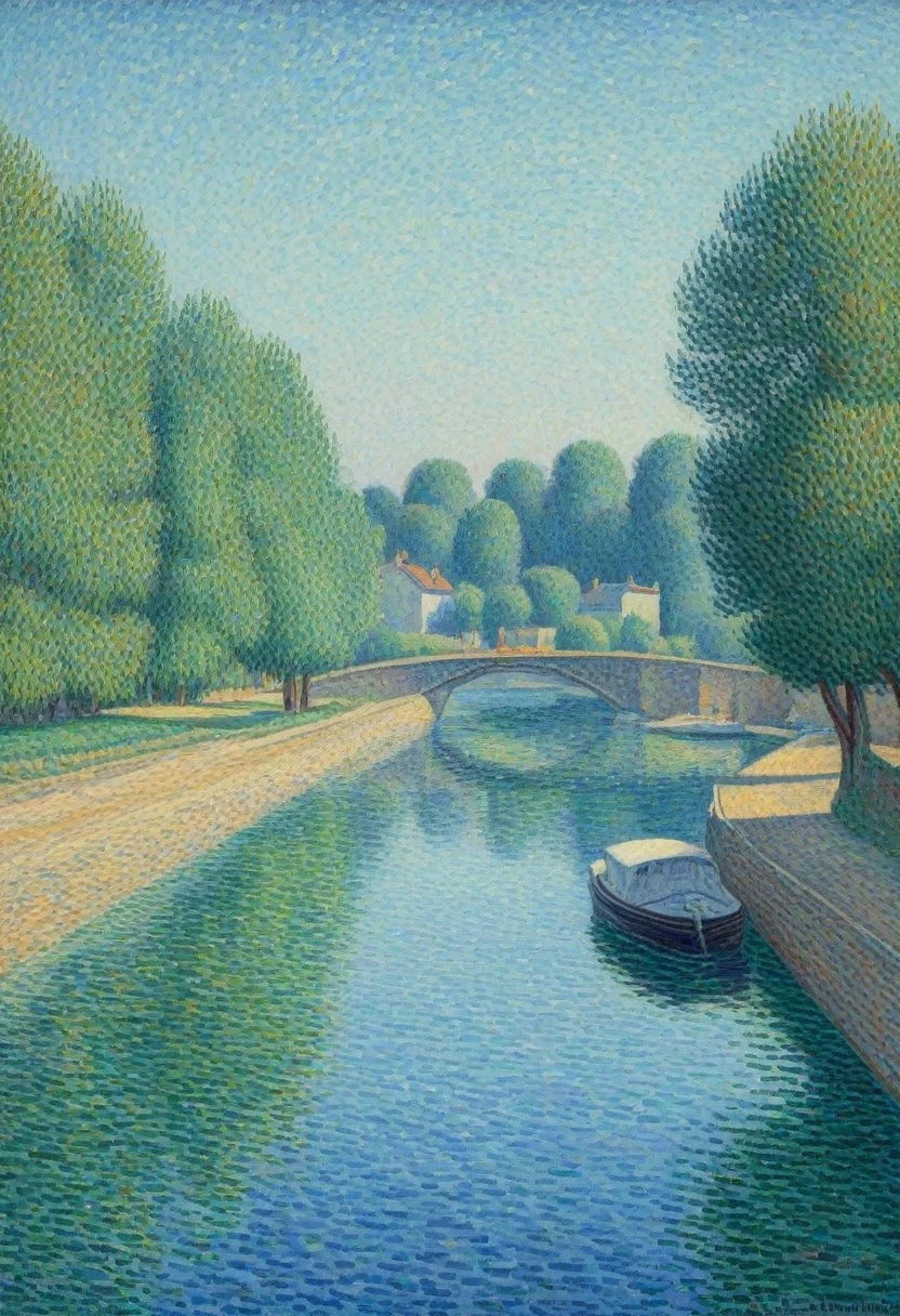 painting of a river scene with a bridge and a boat, by Paul Signac, inspired by Paul Signac, a pointillism painting, neo - impressionism, by Maximilien Luce, pointillisme, by Albert Dubois-Pillet, post impressionism, pointillism, by Armand Guillaumin, post - impressionism, post-impressionism