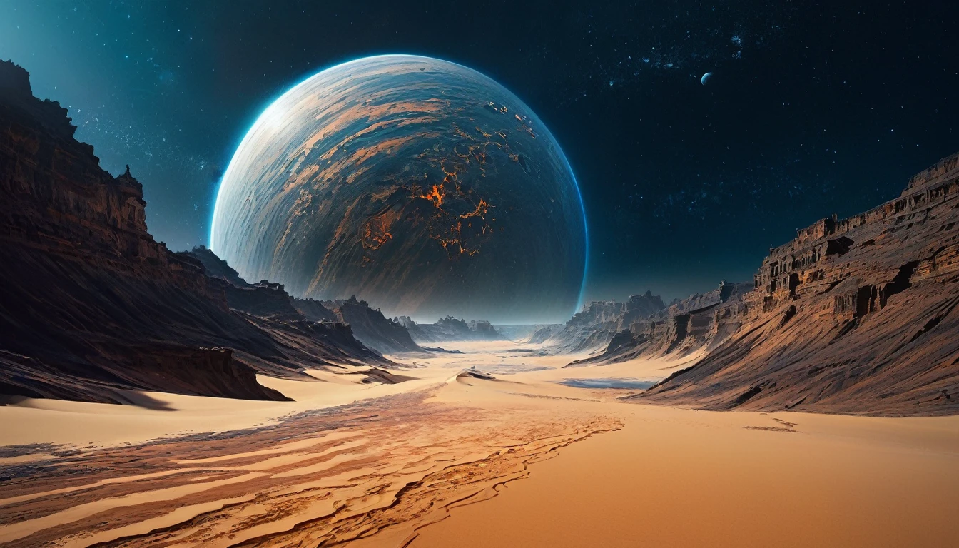 The end of sand, strange planet, sand falls into space , concept art by wlop, siudmak, michal karcz,stephan Gesell, fantasy,grandiose, sci-fi,epic ,great realistic features,detailed , digital painting, contrasted with bright paint colors, raw photography,masterpiece, pure perfection , sharp focus, smooth,, ominous, Fujifilm Superia X-TRA 800, Adox Color Implosion, 32K.