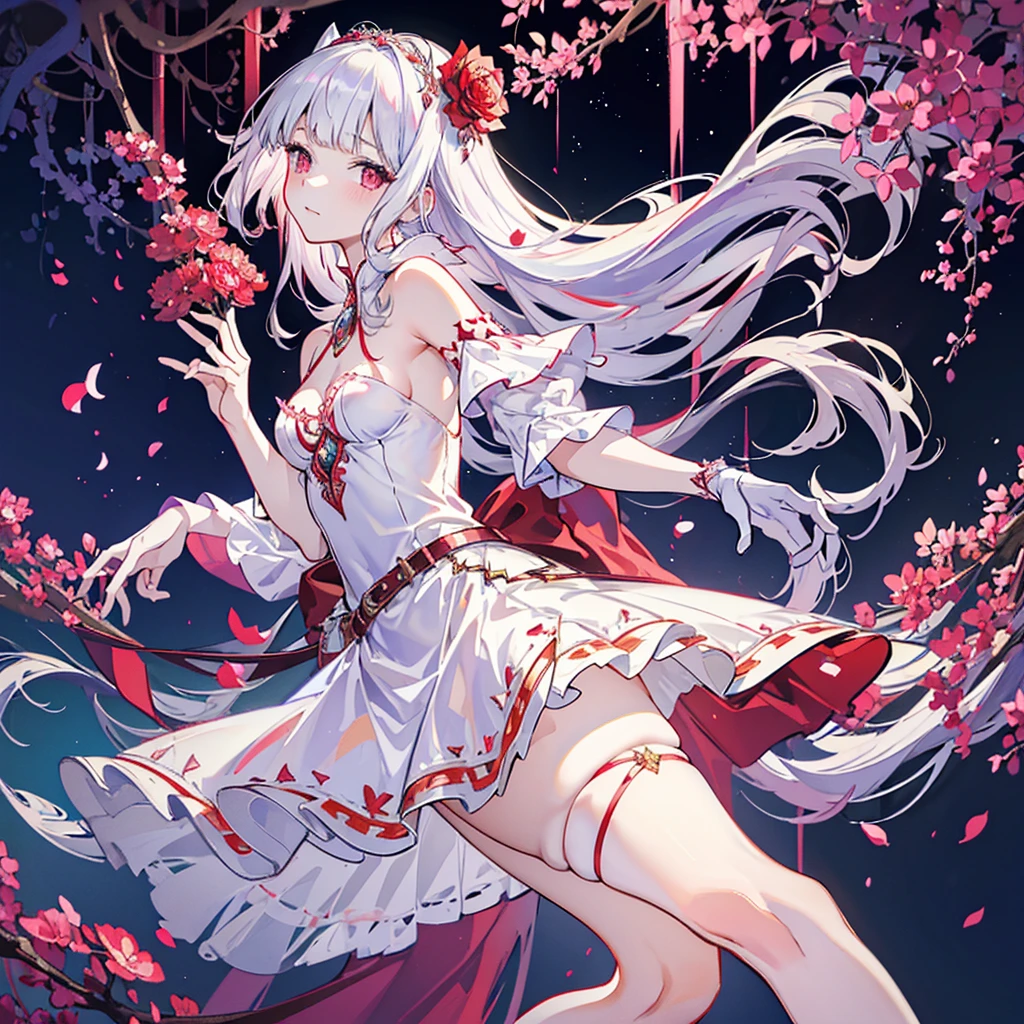 ((highest quality)),(Ultra-high resolution),(Super detailed new),(Detailed Description),((The best CG)),(A masterpiece),Ultra-detailed art,A wonderful new art form,(Fantasy art with intricate detail:1.5), (Female wizard:1.4), burn with silver fire, peachy light red blooming trees, a girl, with a long silver hair with small red streaks in her hair with the bangs straight, straight cutted blunt bangs, and straight cutted side bangs , pretty red and purple different left and right eyes(heterochromia different color for left and right iris) coloured red left eye, different from right purple coloured eye, eyes with long lashes, wearing a flowy mostly white thigh length dress that shows her shoulders with dusty red flowers, small tiny pinky gold jewels on her dress, with as flowy silver cape on the side of her dress, with a small fascinator with a pink silver and red flower, wearing cone heel shoes that are with a red flower on the left heel, wearing a white see through thigh high on the right leg, blood red thigh belt with red jewels, see through white gloves