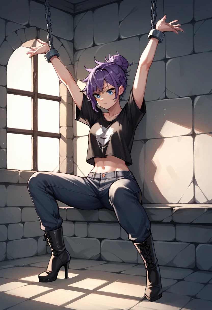 score_9, score_8_up, score_7_up, score_6_up, score_5_up, score_4_up, source_anime, 1girl, purple hair, hair bun,blue eyes, w-w-chain, spread arms, messy hair, black shirt,pants,boots,to chain the legs, high heels,dungeon, best quality, best res, 4K UHD,