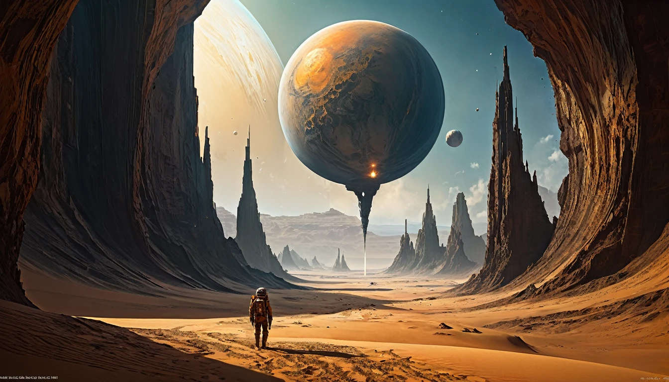 The end of sand, strange planet, sand falls into space , concept art by wlop, siudmak, michal karcz,stephan Gesell, fantasy,grandiose, sci-fi,epic ,great realistic features,detailed , digital painting, contrasted with bright paint colors, raw photography,masterpiece, pure perfection , sharp focus, smooth,