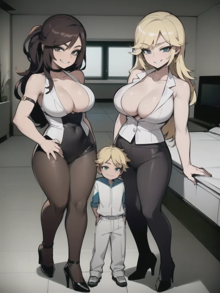 two sexy women walking and looking down at boy with blonde hair, looking at camera, seductive smiles, various hairstyles for women