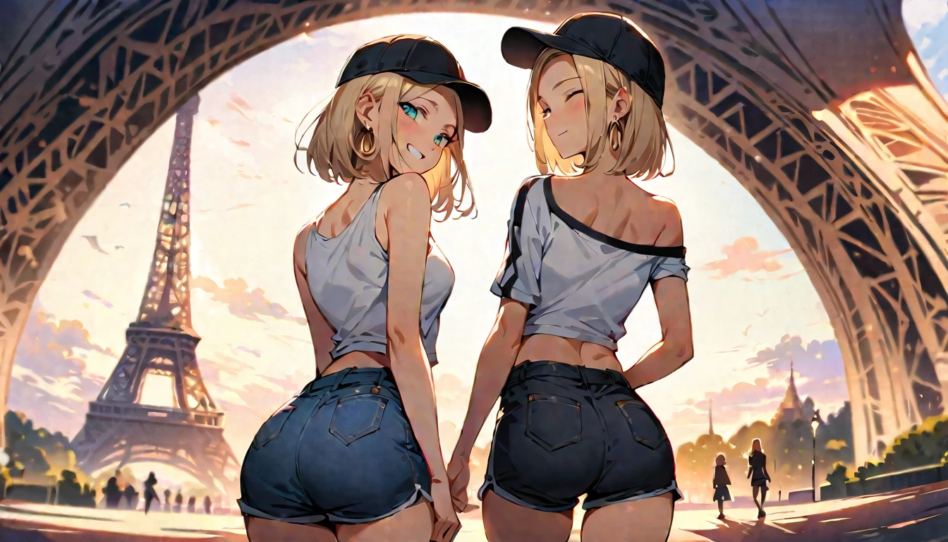 (masterpiece, best quality:1.2), solo, Android 18 from Dragon Ball, ((slip-on one-shoulder crop top)), (light gray top:1.2), no jacket, (short sport shorts), small breasts, short blonde hair loose, ((close eyes)), earrings on earlobes, slender feminine figure, narrow waistline, skinny body, (plane black cap), (cap without logo), sky, head tilt, looking at viewer, light blush, shot from behind, looking back, back view, arms behind back, walking, the Eiffel Tower, outside, natural lighting and shadows, magnificent view, blur background, 4K, open mouth, smile, beautiful butt,