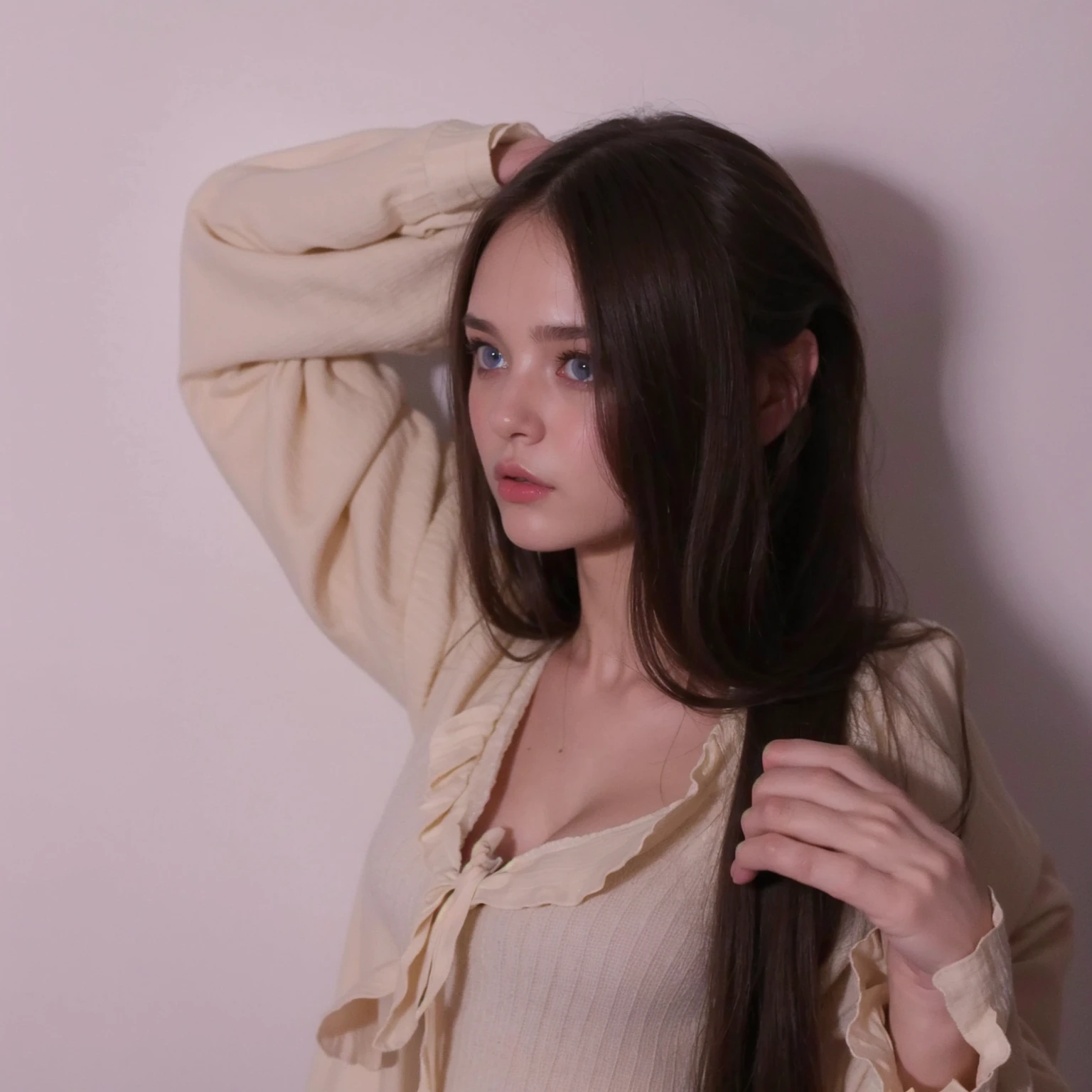 best quality, face focus, soft light, ultra high res, (photorealistic:1.4), RAW photo,
1 russian girl, solo, cute, (pupil, lights in the eyes),  detailed beautiful face, (small chest),(high resolution detail of human skin texture),
(long hair),
indoor,
Damask Shirt Dress,
(portrait), perfect body, blue eyes, beautiful hair, sexy body, sexy lips, big breasts, young , plump lips, masterpiece, slim body, deep shadows,