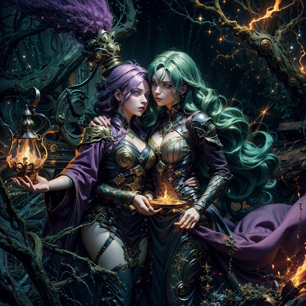 2 women with golden magic, Image background is dark, starry and full of glare with sparks of fire., 2 women with different shades of hair and eyes, 1 girl has green hair, another Meslier has lilac hair