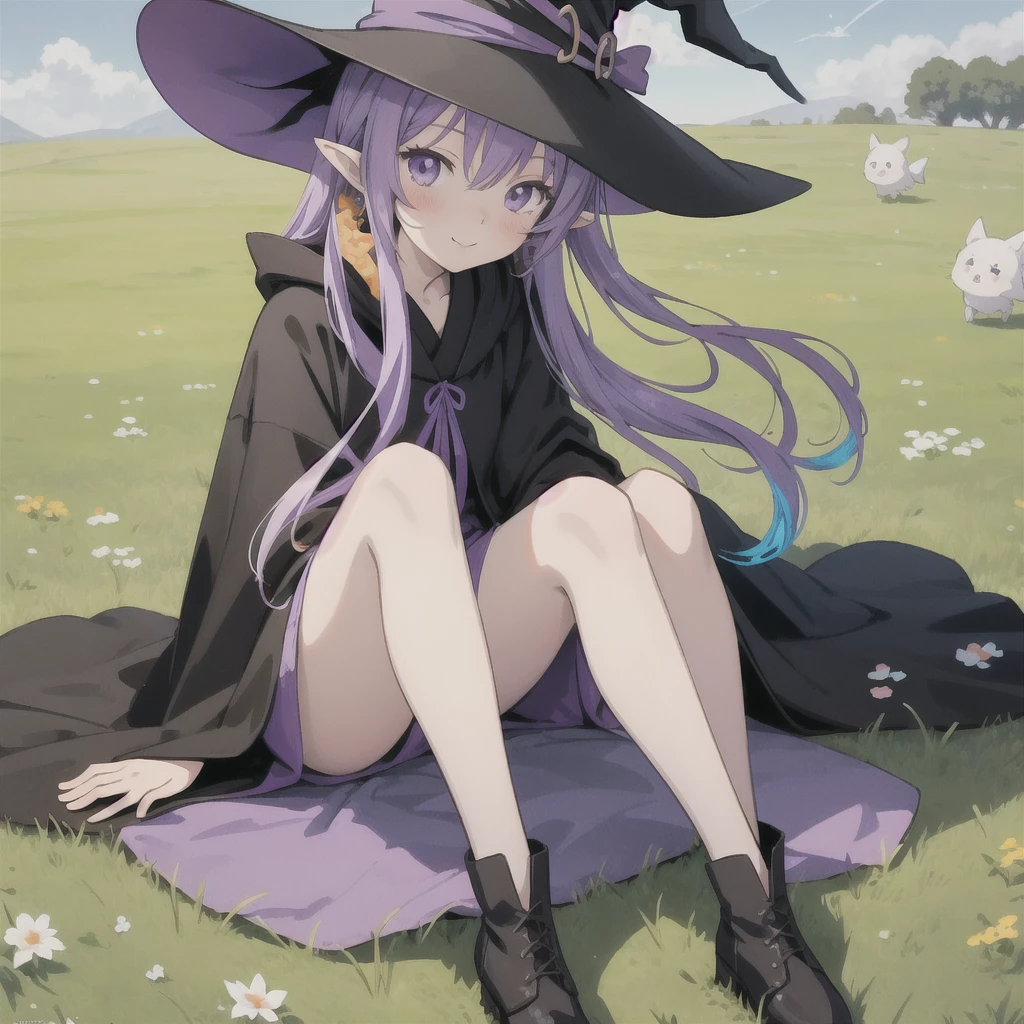 anime girl long purple hair wearing a black Robe. she has pointy ears. Witch Hat. Manga kawaii. iridescent ,An illustration, 0ne person .Sitting in the grass, hair blowing in the wind