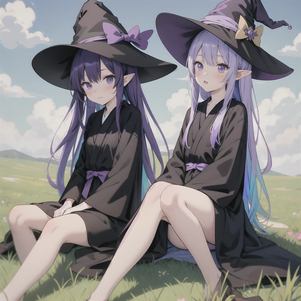 anime girl long purple hair wearing a black Robe. she has pointy ears. Witch Hat. Manga kawaii. iridescent ,An illustration, 0ne person .Sitting in the grass, hair blowing in the wind