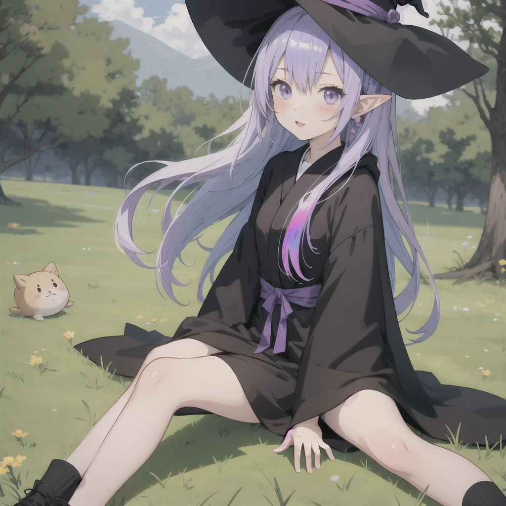 anime girl long purple hair wearing a black Robe. she has pointy ears. Witch Hat. Manga kawaii. iridescent ,An illustration, 0ne person .Sitting in the grass, hair blowing in the wind