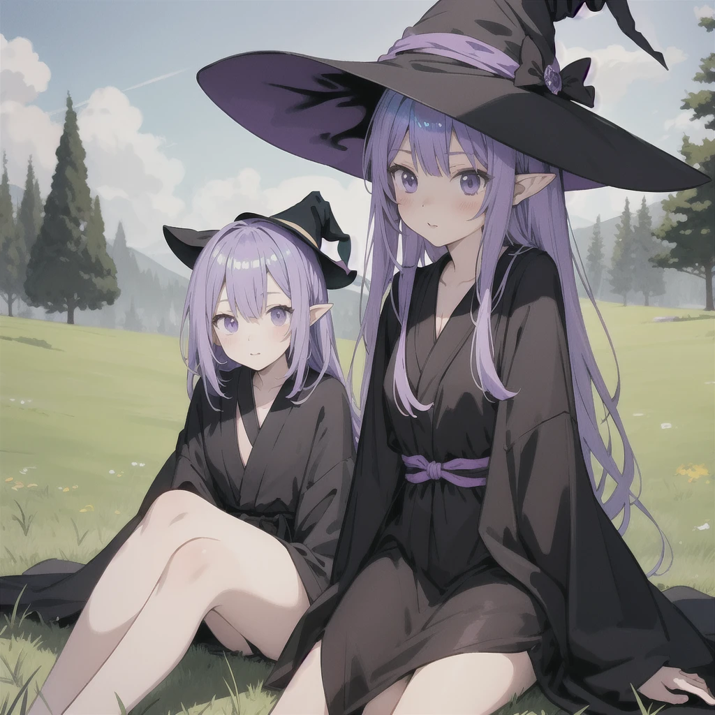 anime girl long purple hair wearing a black Robe. she has pointy ears. Witch Hat. Manga kawaii. iridescent ,An illustration, 0ne person .Sitting in the grass, hair blowing in the wind