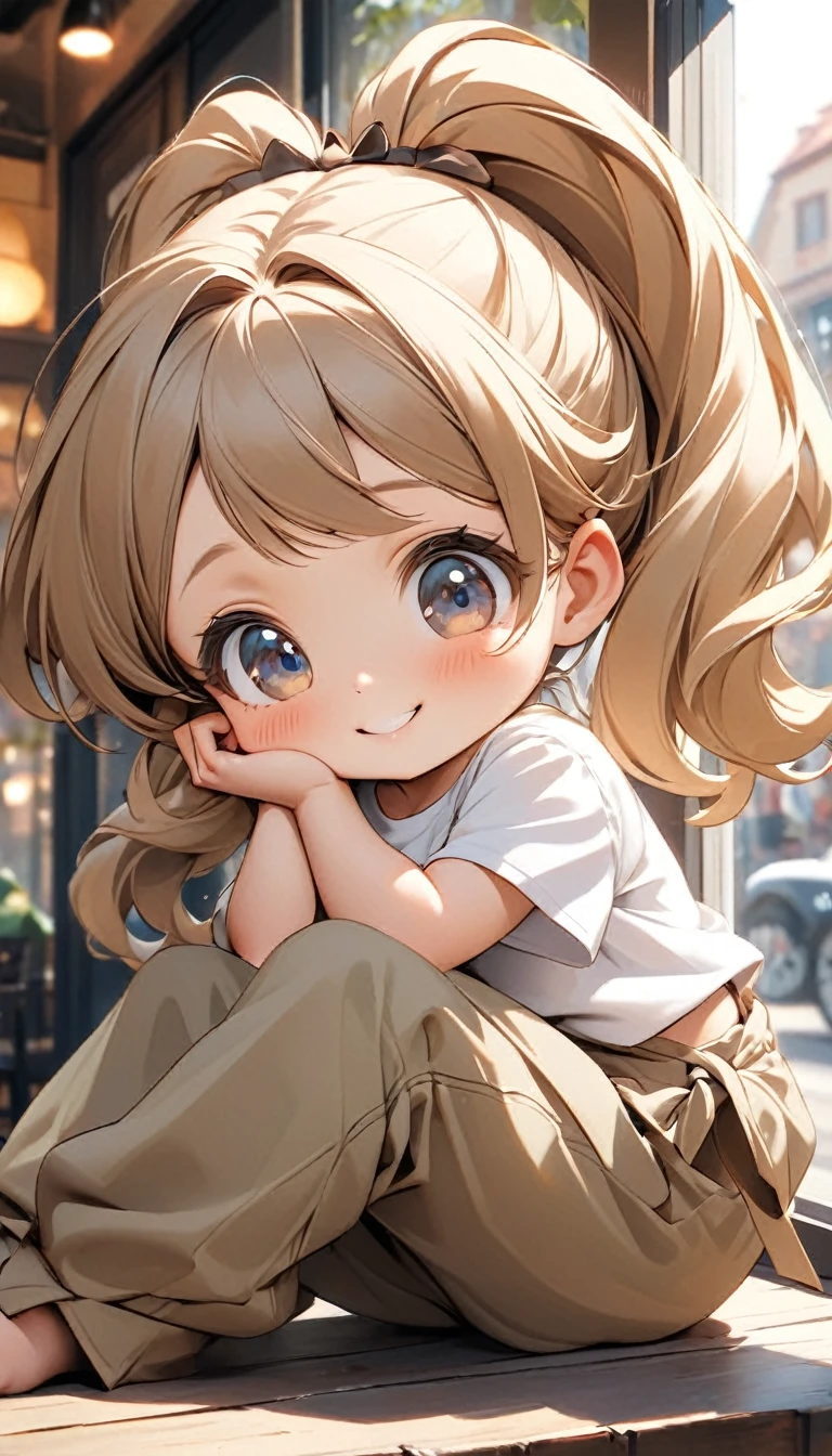 One is tied with two ponytails,Cute little girl, Short white T-shirt, Khaki baggy pants, Sitting by the window of the cafe, Hold your cheek with one hand, Tilt your head and look at people with a smile.Close-up of character( Perfect anatomical structure ) Beautiful and extremely fine texture，detailed, bright, Animation style high definition and high quality presentation