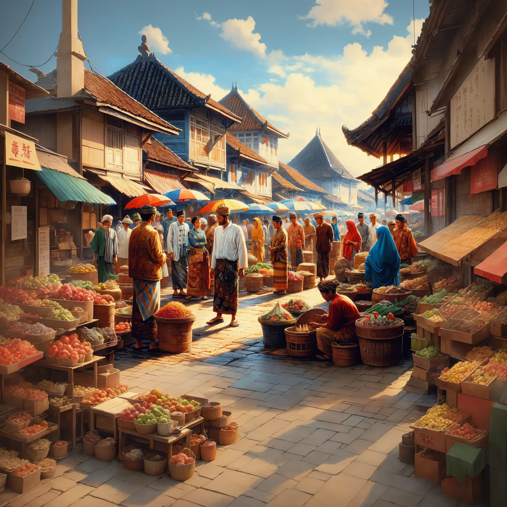 there are many indonesian people walking around a market with baskets of food, market setting, market, marketplace, street market, busy market, the vibrant echoes of the market, market in japan, wet market street, old japanese street market, oriental scene, by Rudy Siswanto, inspired by Rudy Siswanto, by Kerembeyit, market in ancient rome, jakarta