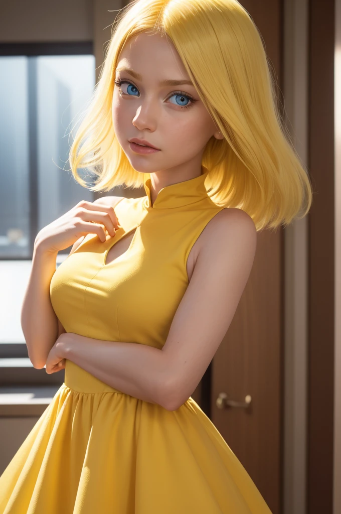 Imagine an emotion for the film " Inside Out " Caucasian skin, yellow hair, yellow dress with white details, and blue eyes