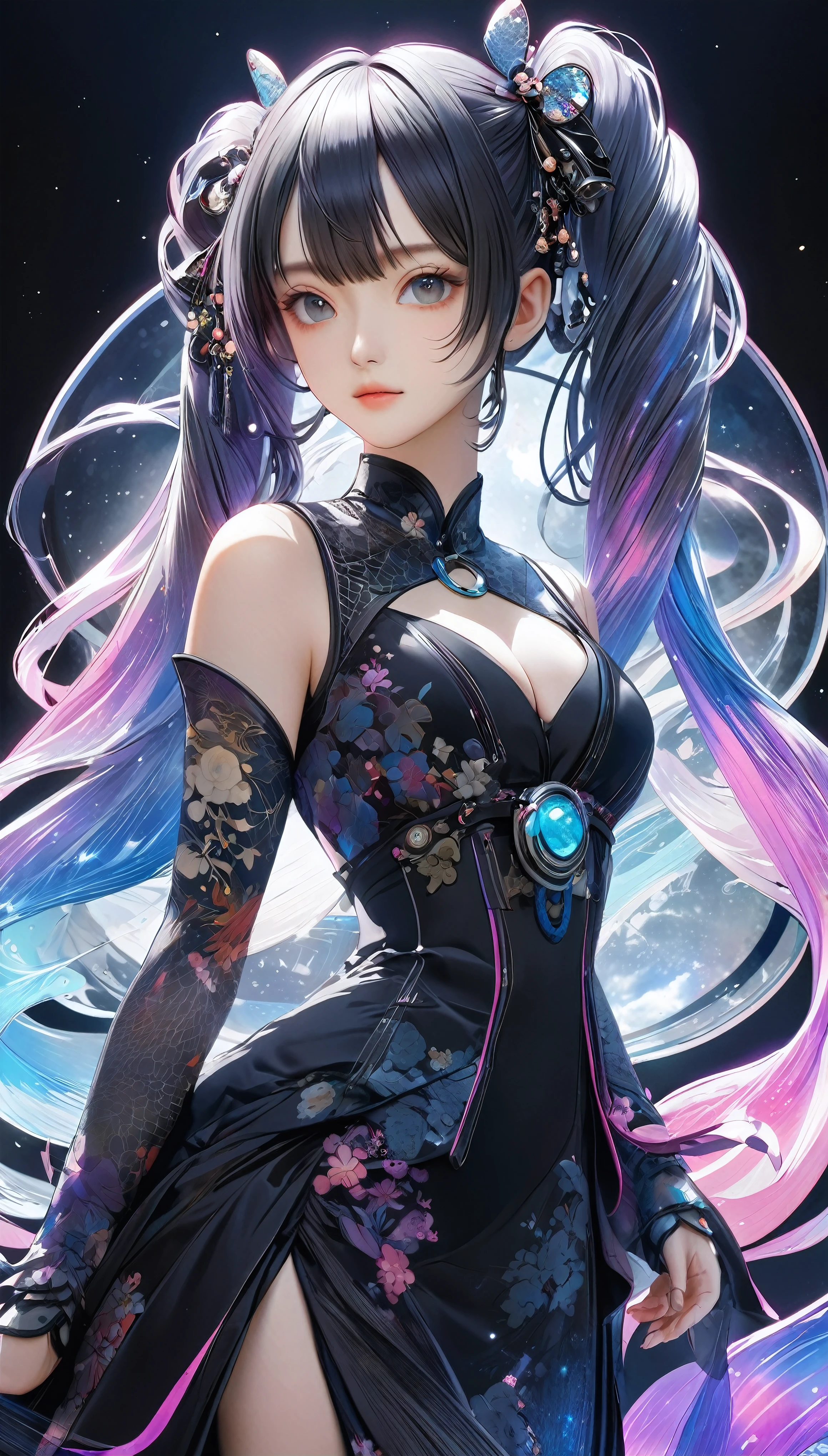 Twin tails, Aesthetic harmony of dark colors, gothic cyberpunk, A miraculous fusion with Ukiyo-e, Creating a fantastical view of the universe with a holographic transparent coating, 
BREAK Detailed and realistic skin texture, (I can see her cleavage, The suppleness of silk, Silk luster, silk texture), 
BREAK ((Luxurious and luxurious clothing, Sleeveless)), Transparent iridescent gradient, Alluring, (The transparency of the costume:1.3), 
BREAK: Dyeing clothes with fluorescent neon colors, Microscopic transparent iridescent gemstones border the outline, 
BREAK Professional spray work, Detailed and intricate texture, Detailed and intricate brushwork, Detailed and clear depiction, Anatomically correct, Absurd aesthetics, 
BREAK A dark background that makes the subject stand out, dramatic cinematographic lighting, 
BREAK Highest quality, Highest Resolution, Octane Rendering, super retina vision, 