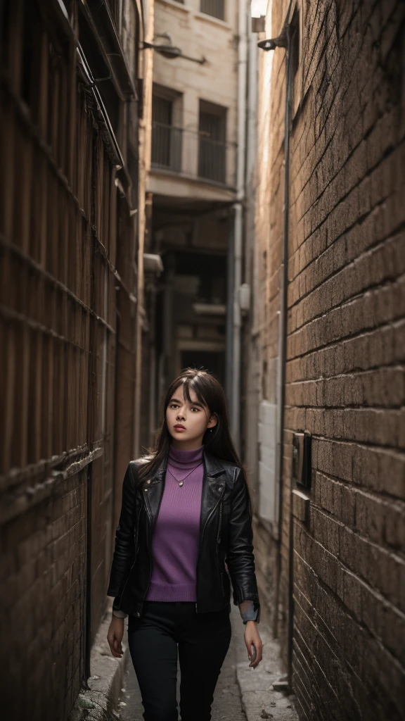 ((best quality)), ((masterpiece)), (detailed), 1Girl,solo,asiagirl,Complicated details,color difference,realisticlying,exquisite facial features,long whitr hair,,Purple highlights,Long black and shiny hair,pretty eyes,long necklace,Neon shirt,Torn leg pants,Open jacket,Open-collared turtleneck sweater,Against the wall,brick walls,GRAPHITE,dim murky lights,alley,looking at viewert,((Photo 8K)), hdr,Super realistic,primitive,hyper realistic detailed,(cinematic style),Vivid colors