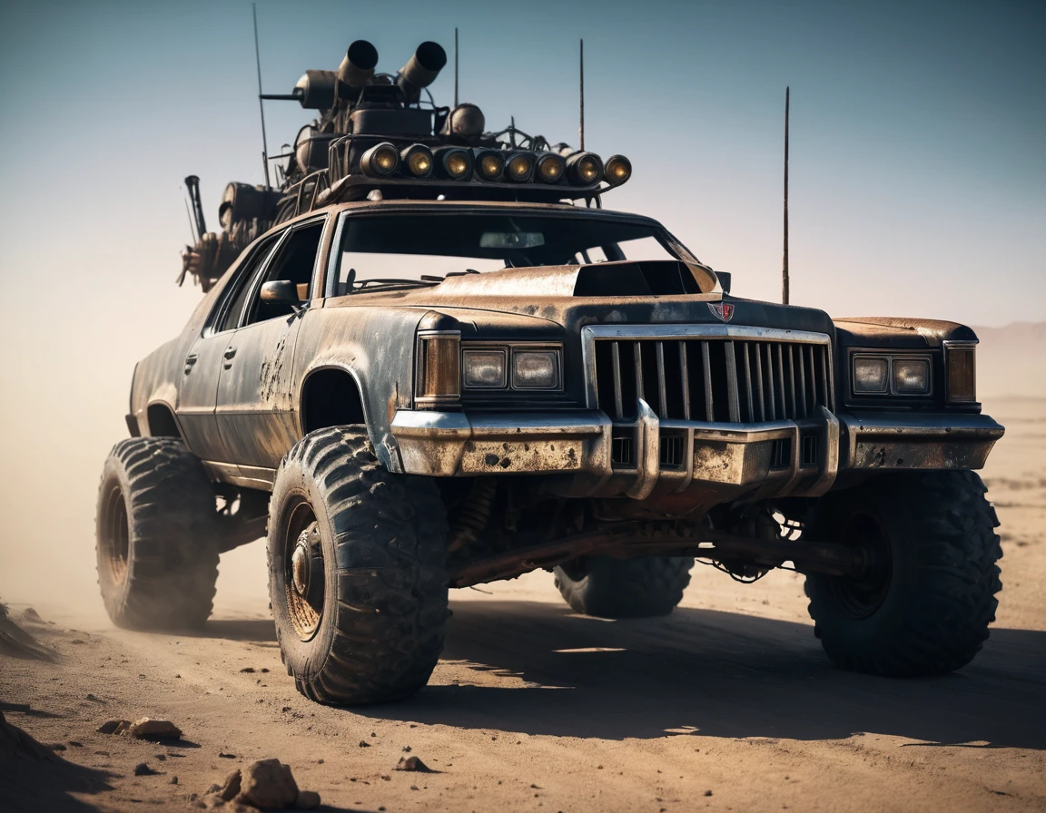 a powerful off-roader, post-apocalyptic, mad max style, weathered and dystopian, desert landscape, dramatic lighting, vibrant colors, gritty and rugged, heavily modified vehicle, massive wheels, spikes and armor plating, menacing presence, cinematic composition, ultra-detailed, 8k, photorealistic, dramatic angles, chiaroscuro lighting, volumetric fog, dust and grime effects, worn and battle-damaged, ominous atmosphere, cinematic depth of field, dramatic color grading, intense shadows and highlights, car Cadillac serie 62 visible V8 motor [Visible Motor] [Heavily modified vehicle] [Spike and armor plating] [Mad Max style]