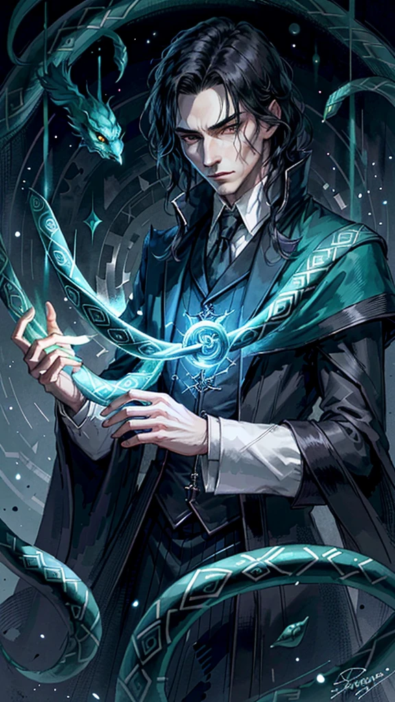 1 man, magic user, pale skin, shoulder length black hair, middle part hair, well dressed,male wizard, very handsome, hook nose, arrogant, smirking at viewer, interesting background, green magic flowing, blue magic circle, snakes, evil villian, dark fantasy, severus snape