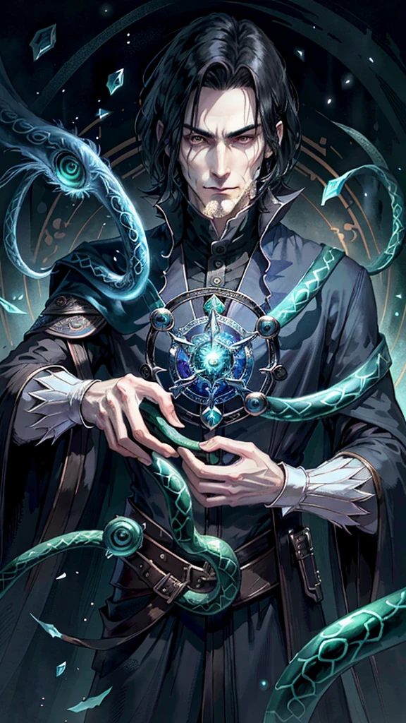 1 man, magic user, pale skin, shoulder length black hair, middle part hair, well dressed,male wizard, very handsome, hook nose, arrogant, smirking at viewer, interesting background, green magic flowing, blue magic circle, snakes, evil villian, dark fantasy, severus snape