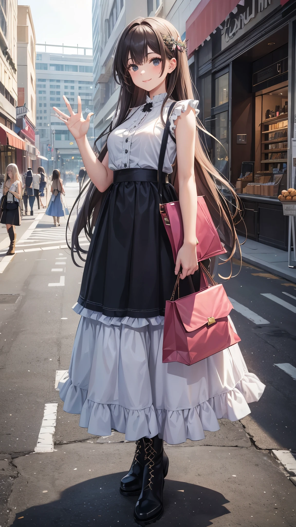 a girl with long flowing hair,5 fingers,smiling and waving, wearing a casual sleeveless blouse with frills and a long maxi skirt, holding a shoulder bag,short boots,standing outside a shopping mall,photorealistic, 4k, hyperdetailed, high quality
