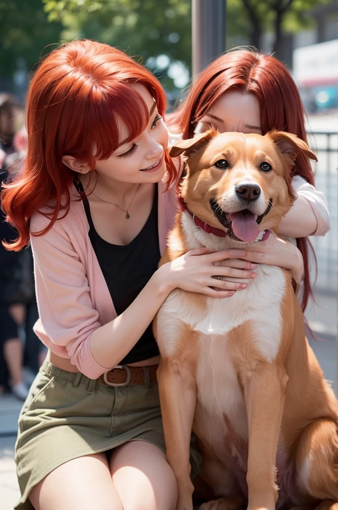 I want a photo of an emotion from the fun pixar movie and one with red hair with light pink skin and she is holding a dog and she is cute 