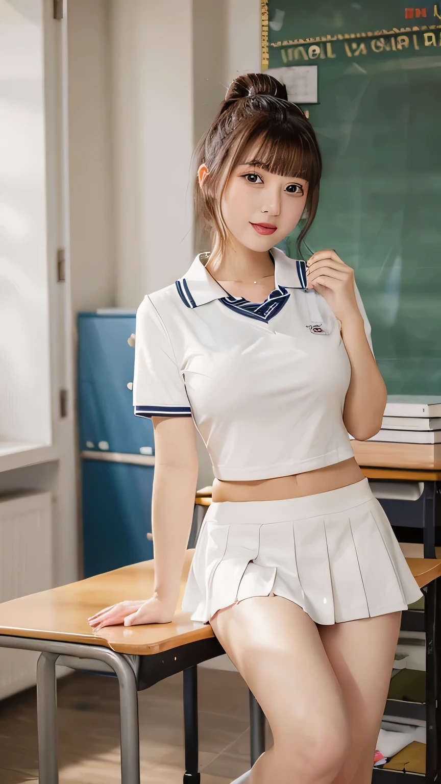 (8K、Raw photo、Highest quality、masterpiece:1.2)、(Realistic、Photorealistic:1.37)、Ultra-detailed、Ultra-high resolution、full body、 beautiful girl、Beautiful and well-proportioned face、、Beautifully detailed skin、Skin Texture、Professional Lighting、Big breasts that are about to spill out、double bun and short twin tails、(((School Uniform 1.2)))、Sitting at a desk and lifting her skirt(Glossy white panties)、