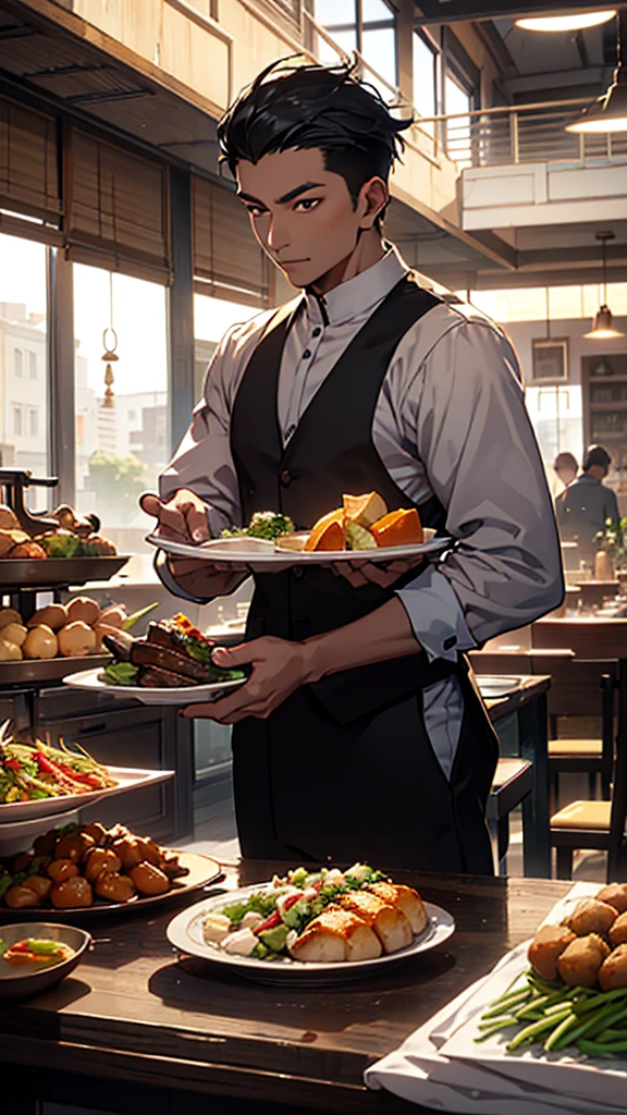 there is a man sitting at a table with a plate of food, thawan duchanee, taken in the early 2020s, handsome chad chin, ramil sunga, shot on leica sl2, inspired by Rudy Siswanto, looking away from camera, style of ade santora, looking serious, instagram post, nivanh chanthara