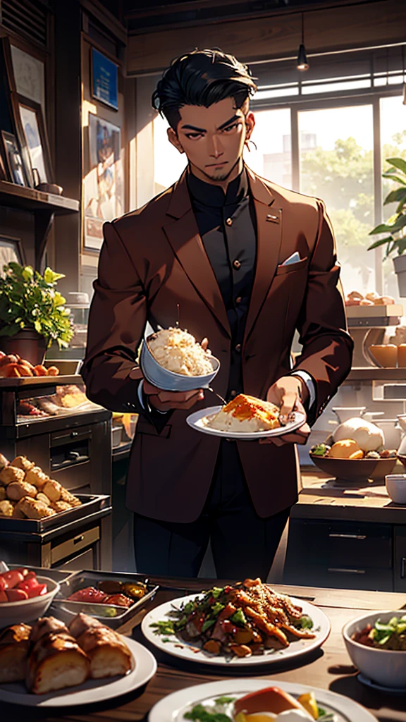 there is a man sitting at a table with a plate of food, thawan duchanee, taken in the early 2020s, handsome chad chin, ramil sunga, shot on leica sl2, inspired by Rudy Siswanto, looking away from camera, style of ade santora, looking serious, instagram post, nivanh chanthara