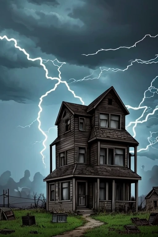 Draw a cartoon of a gloomy, abandoned old house on top of a hill, with broken windows and an open door. The house must be enveloped in an atmosphere of terror, with dark clouds in the sky around, lightning.