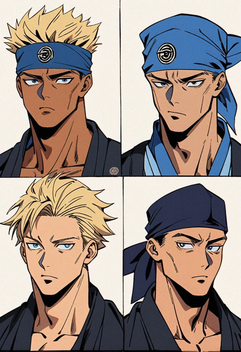 Japanese teen tan boy blonde shoulder length hair jujutsu kaisen art style. Gege akutami art style, blue bandana, , tan skin, 
