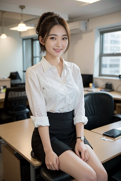 (A beautiful Japanese office lady, age 28, wearing formal White shirt with buttons & grey mini-skirt, resting in office at midnight, thoughtful expressions, kind smile, dimpled chins, cute snaggle-tooth, short bob hair ponytail, symmetrical face, realistic detailed face, beautiful detailed eyes, perfect body proportions, ample round bosoms, photorealistic, hyper-realism, high contrast, ultra HD, realistic skin textures, top image quality, top-quality, super high resolution, fine details, very meticulously, masterpiece, head to knees, High Angle Shot, bokeh background)