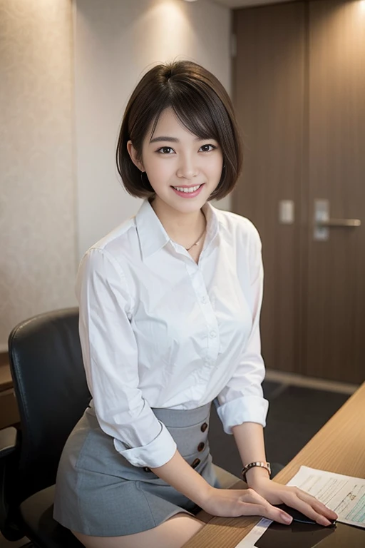 (A beautiful Japanese office lady, age 28, wearing formal White shirt with buttons & grey mini-skirt, resting in office at midnight, thoughtful expressions, kind smile, dimpled chins, cute snaggle-tooth, short bob hair ponytail, symmetrical face, realistic detailed face, beautiful detailed eyes, perfect body proportions, ample round bosoms, photorealistic, hyper-realism, high contrast, ultra HD, realistic skin textures, top image quality, top-quality, super high resolution, fine details, very meticulously, masterpiece, head to knees, High Angle Shot, bokeh background)