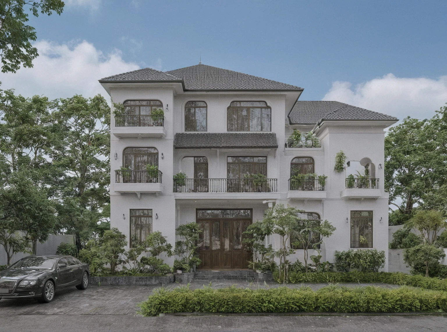 Raw photo,Masterpiece, high quality, best quality, authentic, super detail,
exterior, outdoors, house style indochine on the street ,aiaigroup
road,pavement, grass, trees, sky, cloud, (day:1.1)