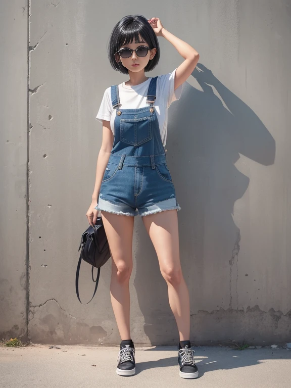 1girl, high quality face, arm up, black hair, denim, full body, overalls, photo \(medium\), shadow, shoes, short hair, shorts, solo, standing, sunglasses, wall, 8k , masterpiece, high quality