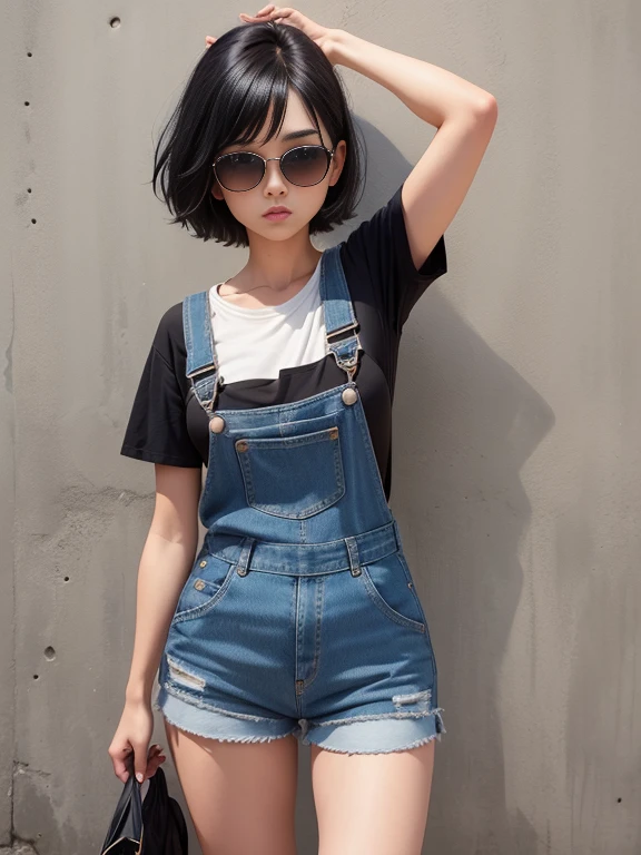 1girl, high quality face, arm up, black hair, denim, full body, overalls, photo \(medium\), shadow, shoes, short hair, shorts, solo, standing, sunglasses, wall, 8k , masterpiece, high quality