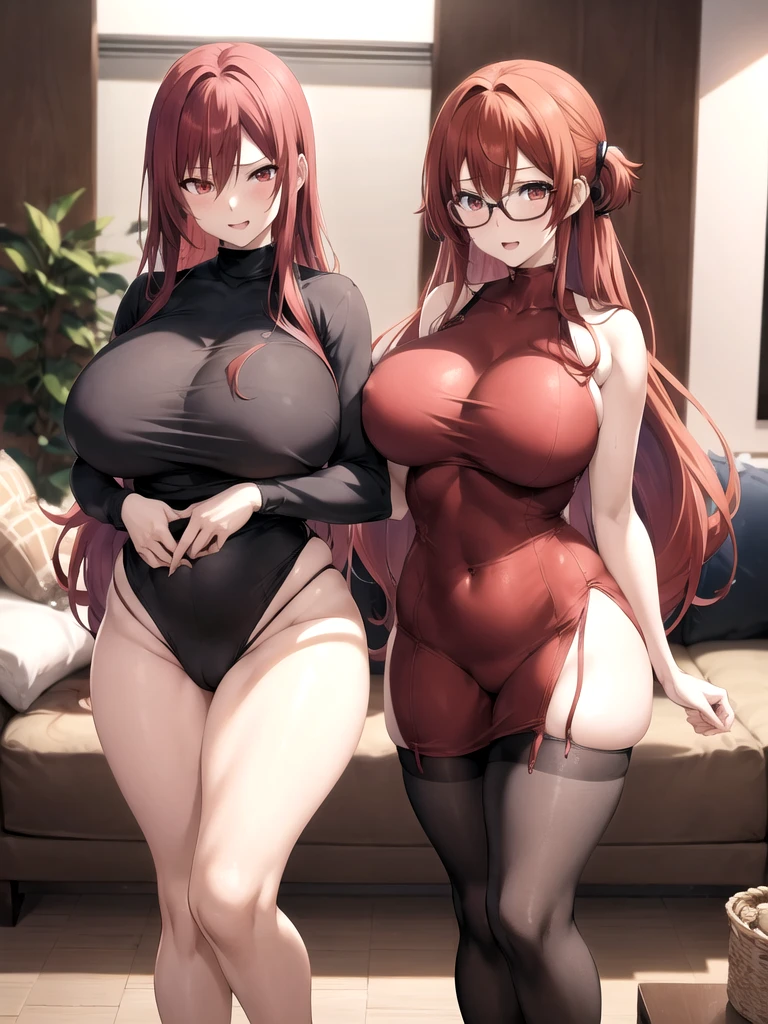 anime girl with red hair and glasses posing in a living room, thick, seductive anime girl, (sfw) safe for work, asuka suit under clothes!, muslos grandes, Oppai, anya from the spy family x, thick build, Oppai proportions, hyperrealistic female student, succubus in tight short dress, thick-thighs, a hyperrealist 