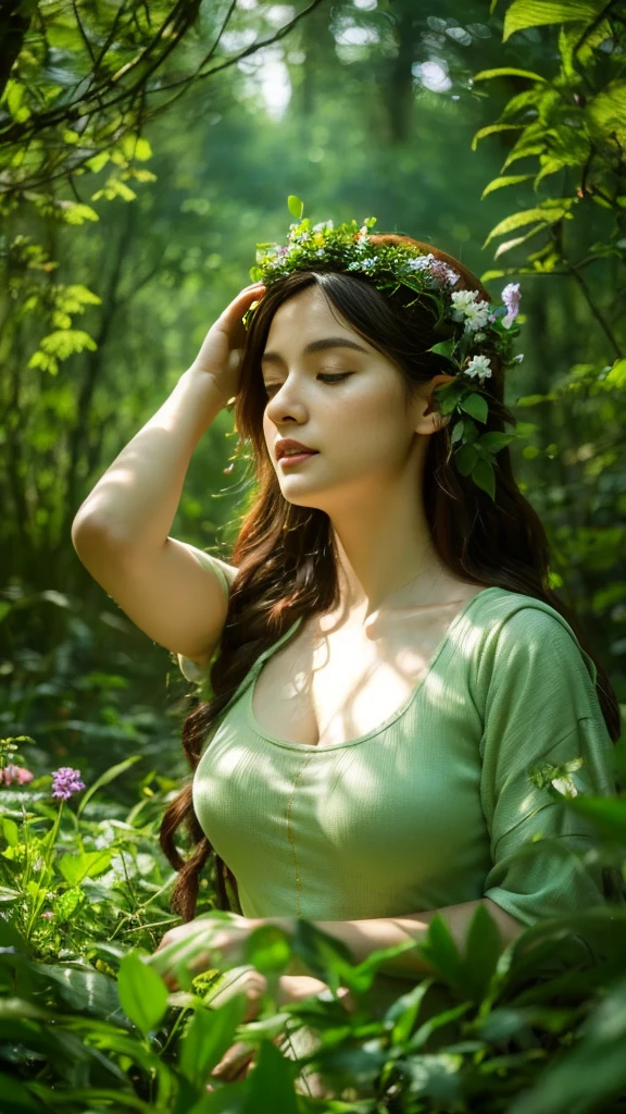 Best Quality, 4K, 8K, hight resolution, masterpiece, Ultra-detailed, Realistic, Cinematic lighting, bird's-eye view, 1girl, Small breasts, sitting in the woods with a flower in her hand, dryad in the forest, goddess of the forest, enchanted with nature spirit, goddess of nature, forest soul, forest dryad, nature goddess, arth goddess mythology, mother nature, in a serene forest bathed in morning light. The scene should depict in a peaceful setting, surrounded by lush greenery, with trees whispering gently in the background. The mood is calm and meditative, capturing the moment of connecting with the tranquility of nature, reflecting the quiet whispers of the green forest."