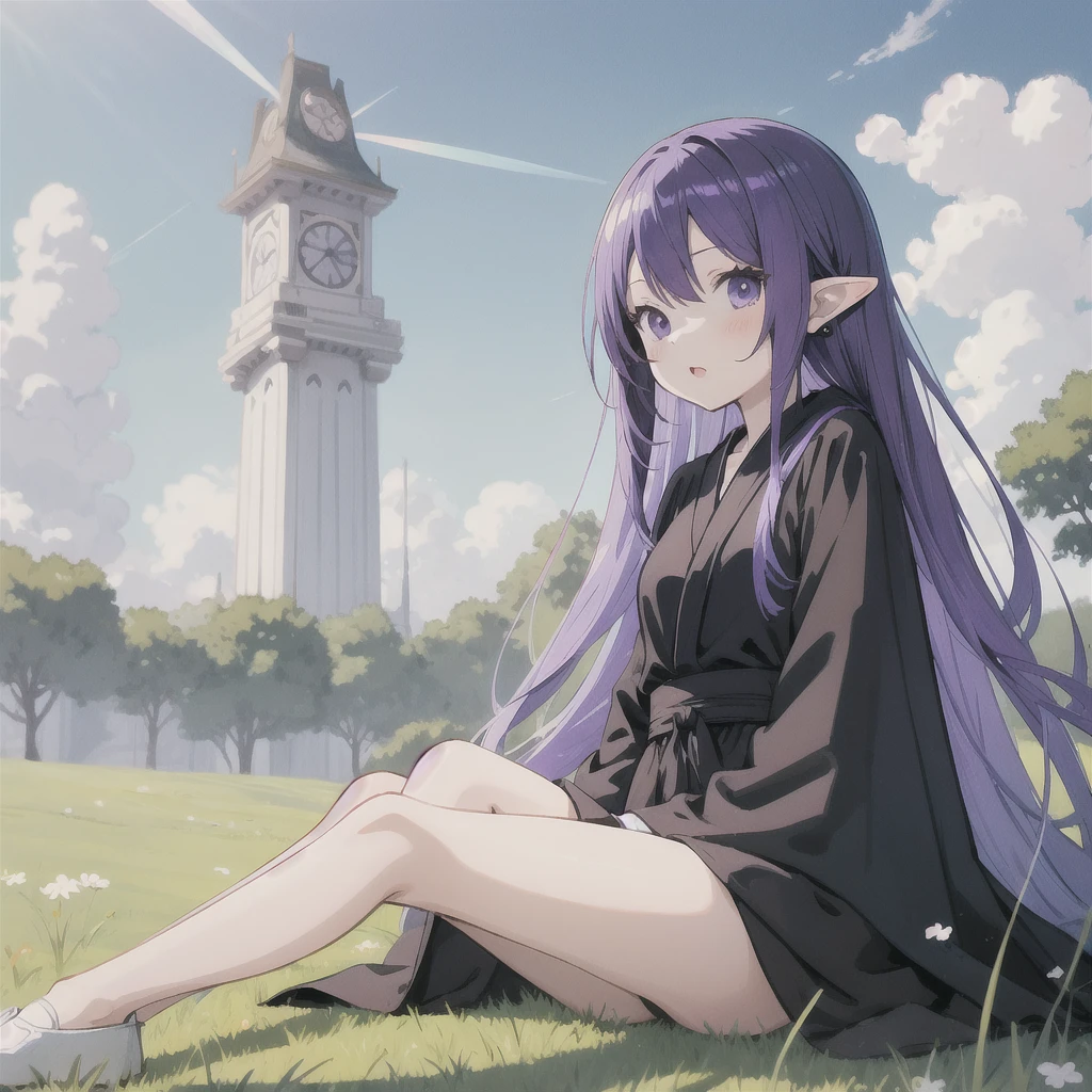 anime girl long purple hair wearing a black Robe. she has pointy ears. Manga kawaii. iridescent ,An illustration, 0ne person .Sitting in the grass, hair blowing in the wind