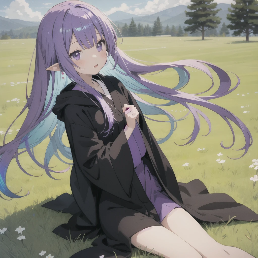 anime girl long purple hair wearing a black Robe. she has pointy ears. Manga kawaii. iridescent ,An illustration, 0ne person .Sitting in the grass, hair blowing in the wind